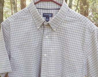 St Johns Bay Beige Checkered Button Down Shirt, Mens Vintage Short Sleeve Shirt, Size L