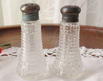 Small Glass Salt & Pepper Shakers with Sterling Silver Tops, Slender Textured Clear Glass Shakers, Depression Glass Shakers