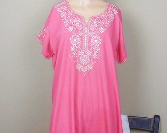CLEARANCE Boho Smock Dress, Pink Swimsuit Cover Up with Embroidery and Mirror Gems, Vintage India Kaftan, Size XL, Has Stains