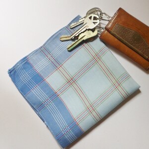 Mens Blue Plaid Hanky, Vintage Mens Cotton Hanky