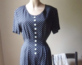 Black and White Polka Dot Dress, Size 10 Petite, Vintage Betsys Things Dress, Knee Length Short Sleeve Summer Dress