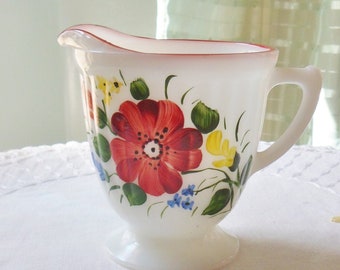 Milk Glass Cream Pitcher, Hand Painted Ribbed Creamer with Red Rim, Vintage Mid Century Farmhouse Creamer