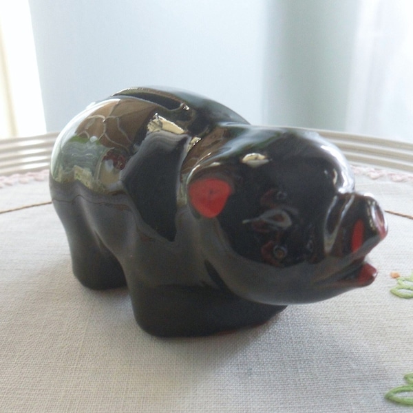 Small Black Pig Bank, Tiny Black Redware Piggy Bank, Occupied Japan Red Pottery Pig Coin Bank