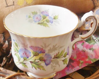 Paragon English Flowers Teacup, Bone China Cup with Thistles, Numbered Footed Vintage Teacup with Blue Thistle Flowers