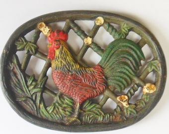 Painted Rooster Cast Iron Trivet, 8 x 6 Inch Vintage Farm Trivet