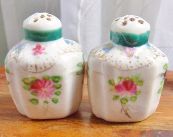 Small Victorian Salt & Pepper Shakers, Hand Painted Antique Shakers with Flowers and Gold Draping 1800s