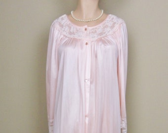 Gilead Pink Nylon Robe, Lacy Sheer Button Down Housecoat, Size S, Vintage Rockabilly Lingerie