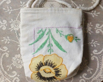 VINTAGE LINEN reimagined to a draw string kit BAG floral pretty with lovely original hand embroidery