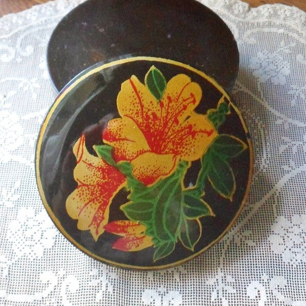 Black Celluloid Dresser Box with Yellow Lily, Vintage Covered Plastic Trinket Box with Floral Lid, 60s