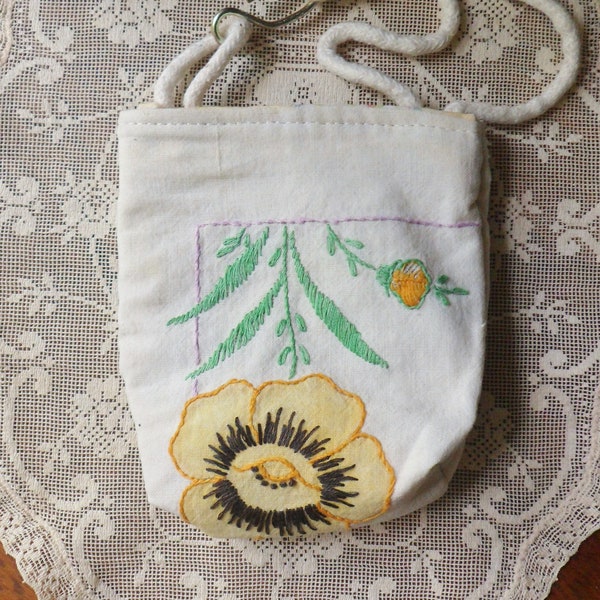 Tiny Doily Tote Bag, Upcycled Embroidered Linen Doily Tote with Cord Handle, Handmade Tote or Childs Tote Bag