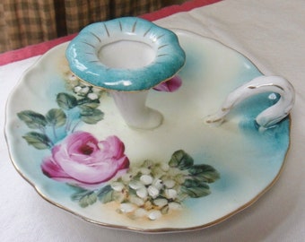 Decore a la Main Chamber Style Candle Holder, Hand Painted Vintage French Limoges Flower Candlestick Holder