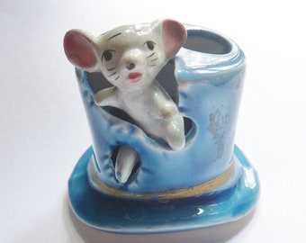 Mouse in Blue Top Hat Toothpick Holder, Vintage Mouse in Hat Figurine