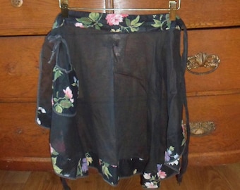 Black Hostess Apron with Round Gathered Pocket, Vintage Sheer Black Cotton Apron with Flowered Waist and Hem, 60s