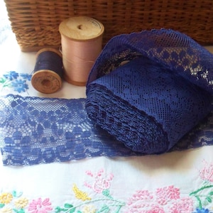 Dark Blue Mesh Lace,  Selling by the Yard, 2 1/4&quot; Wide Lace Trim, Vintage Cotton Filet Lace