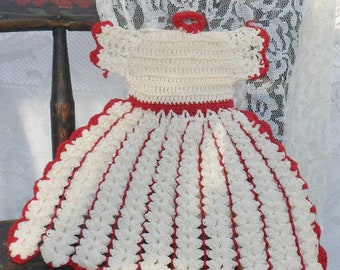 Dress Pot Holder, Hand Crocheted Red and White Hot Pad, Vintage Dress Shaped Pot Holder