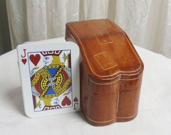 Brown Leather Playing Card Case, Embossed Two Deck Card Game Holder, Vintage Playing Card Storage