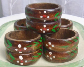 Six Wooden Napkin Rings, Rustic Hand Painted Hippie Napkin Rings, 70s