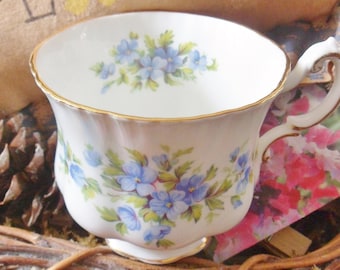 Paragon English Flowers Teacup, Bone China Cup with Aubretia, Numbered Footed Teacup with Blue Aubretia Flowers