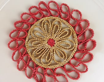 Red and Beige Hand Woven Straw Trivet, Vintage Boho Straw Art, Handmade Hippie Trivet