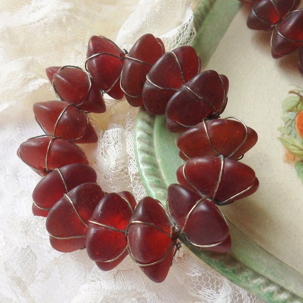 Four Wire Wrapped Glass Bead Napkin Rings, Purple Frosted Glass Flower Napkin Rings, Vintage Bohemian Art Glass