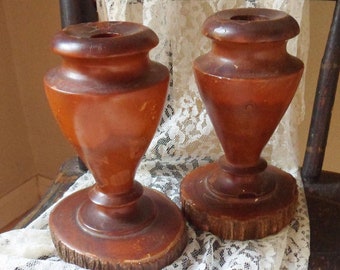 CLEARANCE Pair of Cedar Candle Holders, Handmade Vintage Wooden Candlestick Holders for Two Sizes of Candles, 60s