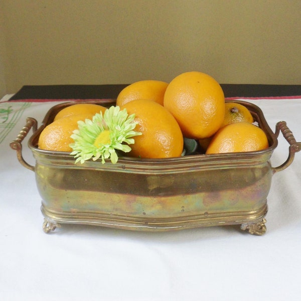Solid Brass Planter with Feet and Handles, Vintage Rectangular Boho Planter from India, 9" x 6 1/4", Footed Brass Planter
