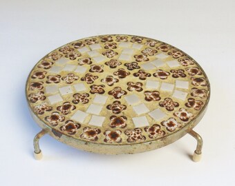Mosaic Tile Trivet, Assorted Ceramic Tiles Set in Brass Frame, 60s, Vintage Round Footed Tile Trivet