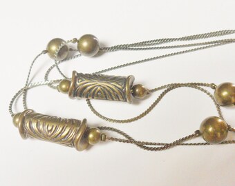 Boho Brass Bead Necklace, Vintage Double Strand Herringbone Chain Necklace, India 60s