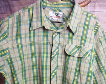 Mossy Oak Green Plaid Button Down Shirt, Mens Short Sleeve Cotton Vintage Shirt, Size XL