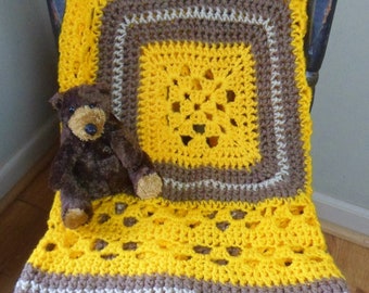 Hand Crocheted Granny Square Baby Afghan, Handmade Vintage Yellow and Brown Babygan