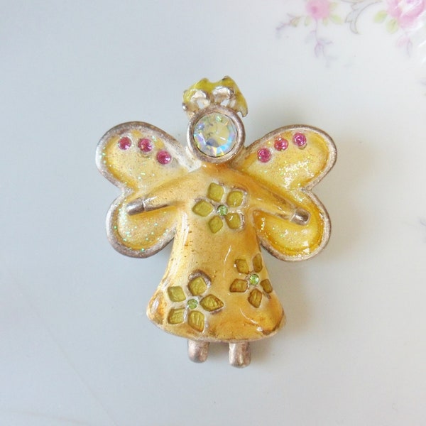Glittery AJMC Angel Pin with Flowered Dress, Vintage Enameled Pewter Pin with Rhinestones