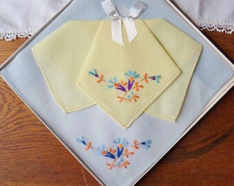 Two Boxed Hankies with Embroidery, Yellow and Blue Hankies in Original Box, Vintage Cambric Linen Hankies