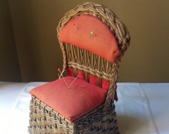 Chair Sewing Basket with Pincushion Seat and Headrest, Vintage Wicker and Sweet Grass Sewing Box with Wooden Spools of Thread