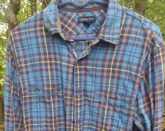 Lands End Flannel Button Down Shirt, Vintage Long Sleeve Blue Plaid Shirt, Size Medium, Tailored Fit 15-15 1/2