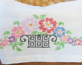 Hand Embroidered Window Valance, Small Cross Stitched Flower Valance 31 x 8, Vintage Needlecraft