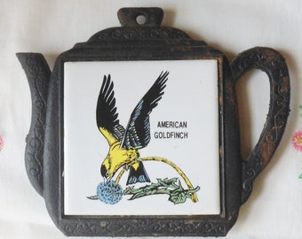 American Goldfinch Cast Iron Trivet, Teapot Shaped Trivet with Ceramic Tile Center, 60s, Vintage Bird Trivet