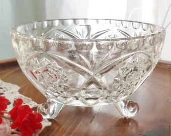 Footed Glass Finger Bowl, EAPG Clear Pressed Glass Flower Pattern Bowl, Vintage Formal Meal Glassware