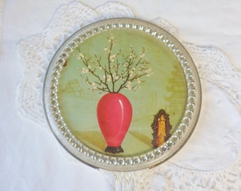 Small Asian Hand Held Mirror, Vintage Lucite Mirror with Cherry Blossom Vase and Temple