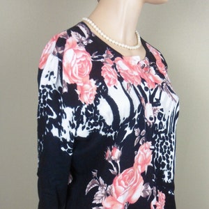 Pink Rose Cardigan Sweater, Notations 3/4 Sleeve Sweater, Size M, Vintage Black Sweater with Pink Roses