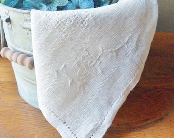 Farmhouse Doily Panel, Hand Embroidered Loosley Woven Oatmeal Color Rectangular Doily, Antique Homespun Drawnwork Needlecraft