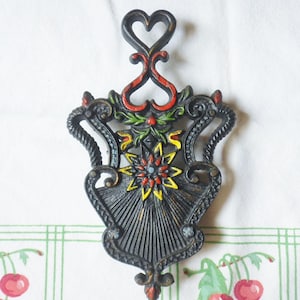 Hand Painted Cast Iron Trivet, Vintage Footed Colonial Trivet with Two Connecting Hearts and Bell
