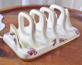 Hammersly Bone China Toast Rack, Hand Painted Victorian Purple Violets Pattern, Vintage Table Top Toast Server, 30s