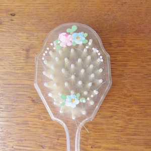 Babys Hair Brush, Vintage Clear Acrylic Hand Painted Flowers, Brush with Soft Natural Bristles, 60s