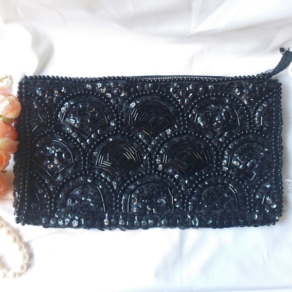 CLEARANCE Black Clutch Purse Covered with Beads and Sequins, La Regale Zipper Evening Bag, Vintage Boho Beaded Clutch, Some Missing Beads