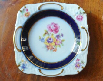 Bavarian Flow Blue Coaster Dish, Square Coaster with German Flowers, Antique PM Bavaria Coaster 1849