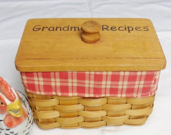 Grandmas Recipes Woven Basket with Recipe Cards, Vintage Hand Crafted Recipe Box with Red Gingham Lining