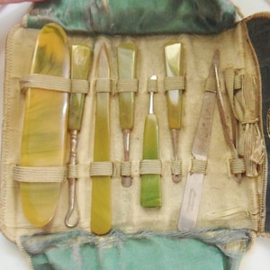 CLERANCE German Premier Manicure Set in Leather Case with Jade Bakelite Tools, Art Deco Premalite Nail Kit in Tattered Fragile Case