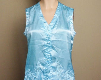 Delicates Light Blue Satin Pajama Set, Two Piece Sleeveless Top and Shorts Set, Satin Covered Buttons and Embroidery, Size Small