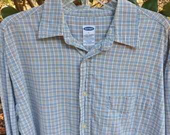 Old Navy Mini Plaid Button Down Shirt, Mens Vintage Long Sleeve Blue and Tan Plaid Cotton Shirt, Size L