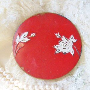 Large Red Art Deco Compact, Enameled Brass Powder Compact with Raised White Rose, Vintage Art Deco Cosmetics